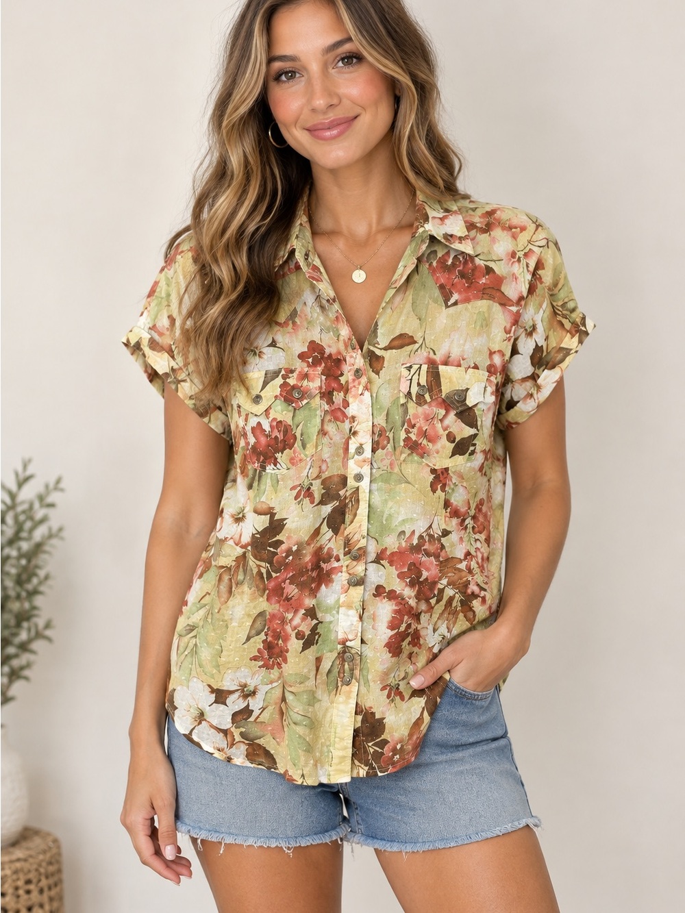 Ariat Short-Sleeve Floral Button-Down Shirt in Green and Brown Tones